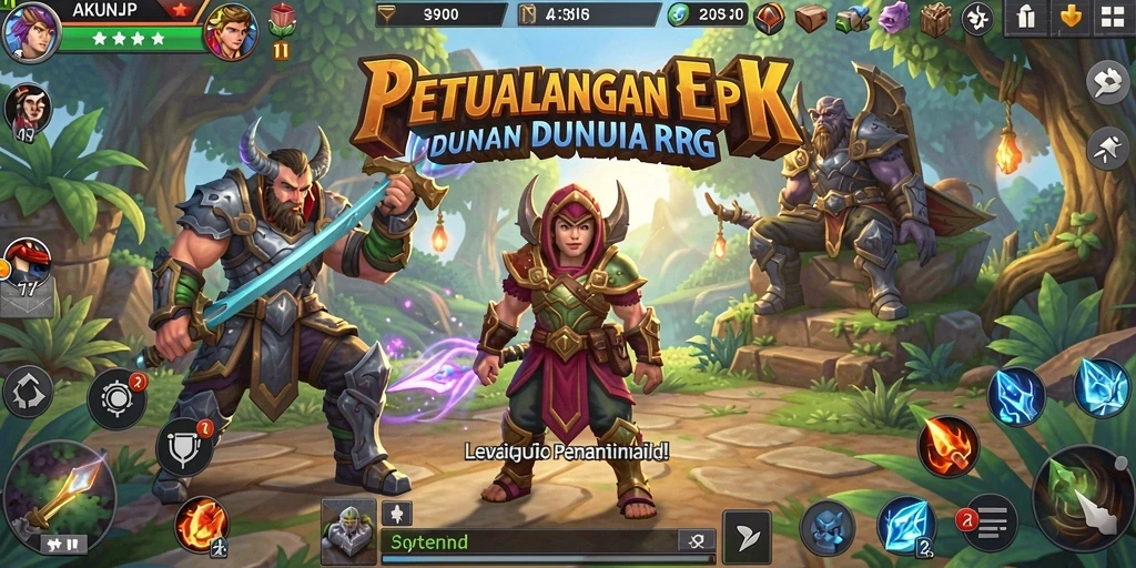 Screenshot utama AKUNJP menampilkan pertarungan seru dalam RPG.