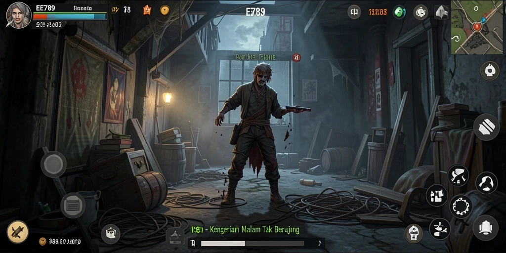 Screenshot gameplay EE789 menampilkan suasana menakutkan dan karakter menyeramkan.