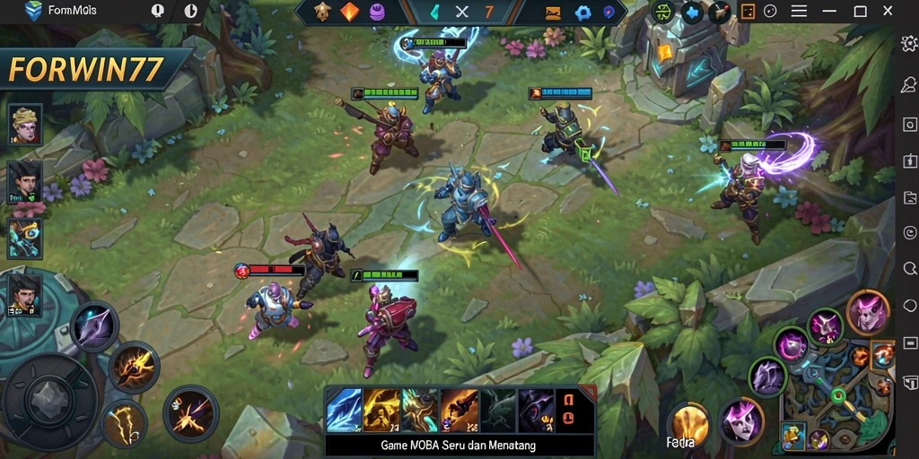 Tampilan gameplay seru dalam FORWIN77 dengan aksi MOBA yang mendebarkan.