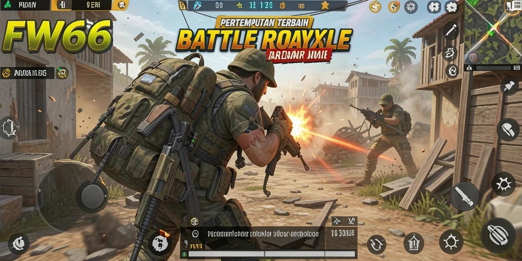 Screenshot utama FW66 menampilkan aksi seru dalam pertarungan Battle Royale.