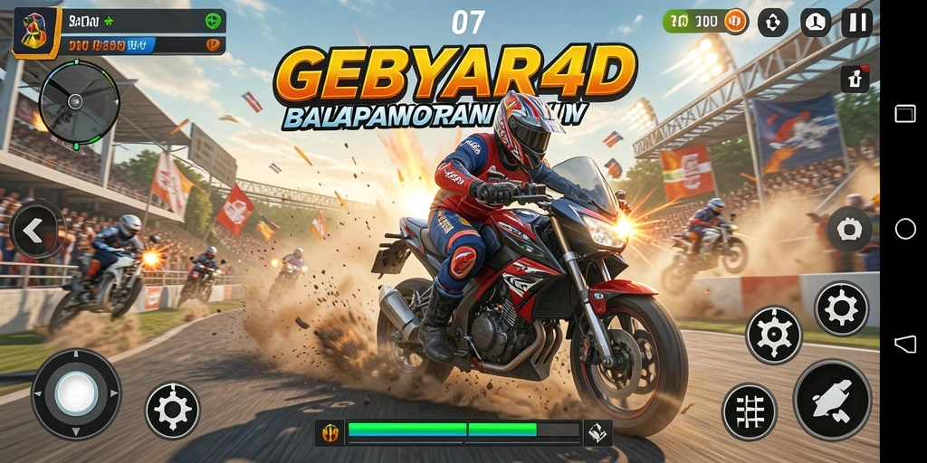 Screenshot gameplay GEBYAR4D menampilkan balapan motor yang seru dan mendebarkan.