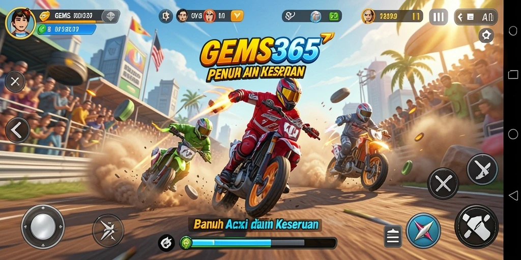 Gameplay GEMS365 menampilkan balapan seru dan mobil yang memukau.