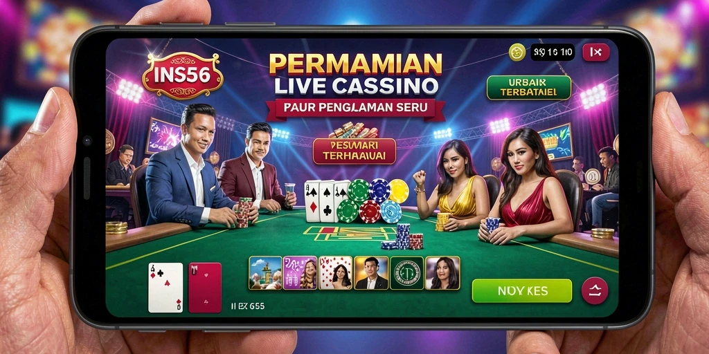Screenshot INS55 menampilkan dealer live dan permainan kasino yang menarik.