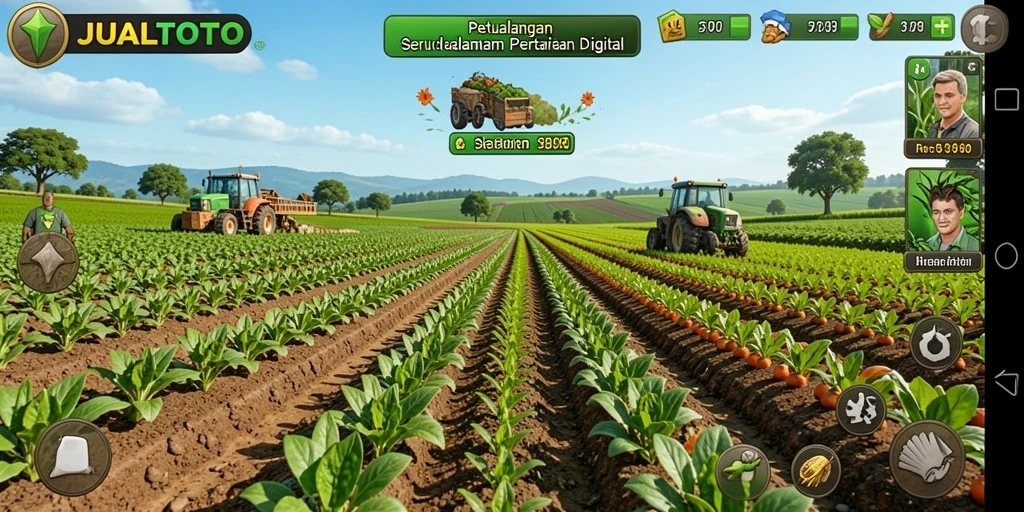 Screenshot utama JUALTOTO menampilkan ladang yang subur dan tanaman yang berkembang.