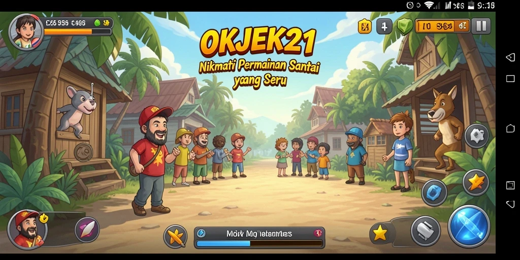 Tampilan gameplay menarik di OKJEK21 dengan karakter lucu dan warna-warni.