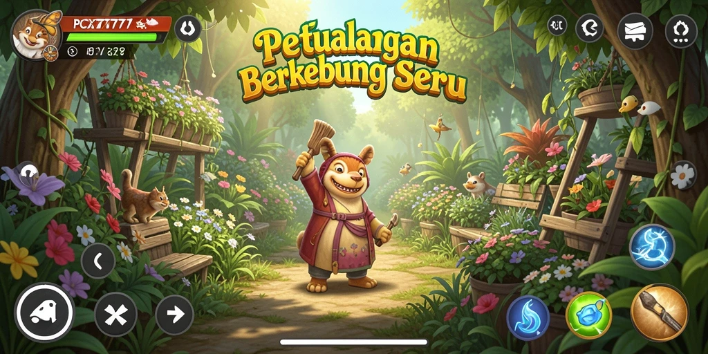 Screenshot gameplay <strong>PCX777</strong> menampilkan kebun yang subur dan aktivitas pertanian yang menarik.