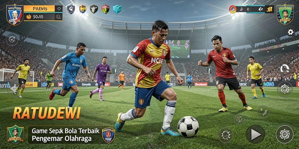 Tampilan gameplay menarik di RATUDEWI dengan aksi sepak bola yang dinamis.