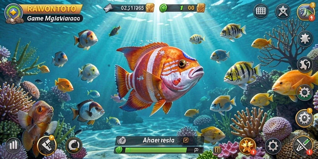 Screenshot gameplay menampilkan pertempuran tembak ikan yang seru.