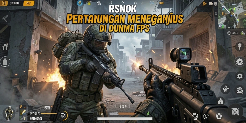 Screenshot RSNOK menampilkan aksi menembak yang intens di peta yang megah.