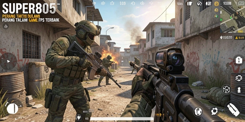 Tampilan aksi mendebarkan dalam game FPS SUPER805.